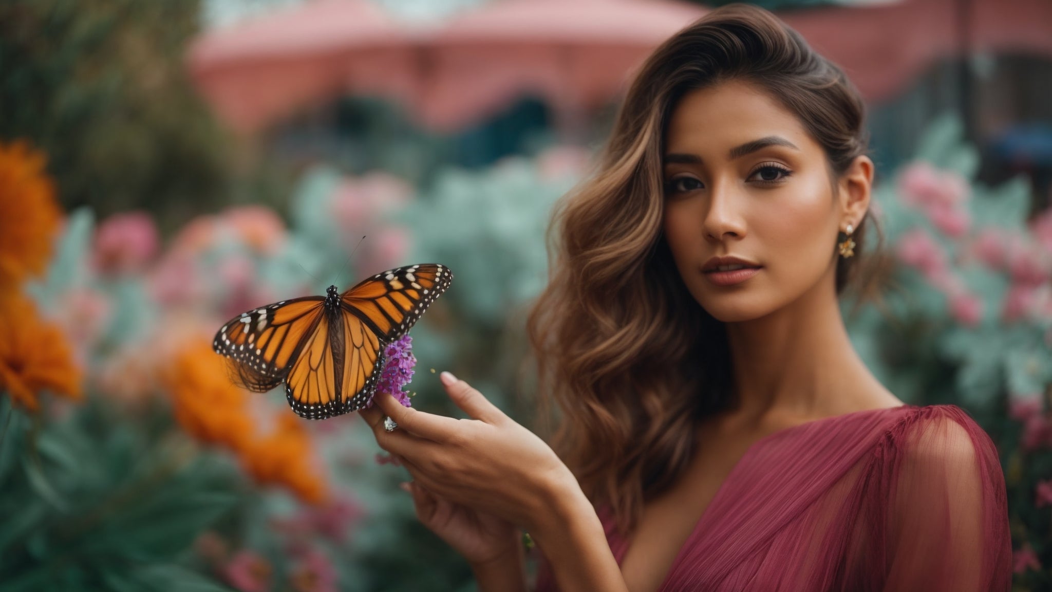 Women in pink dress holding a butterfly with roses in the background
