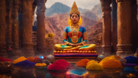 Women sitting in child’s pose with chakras in different colors