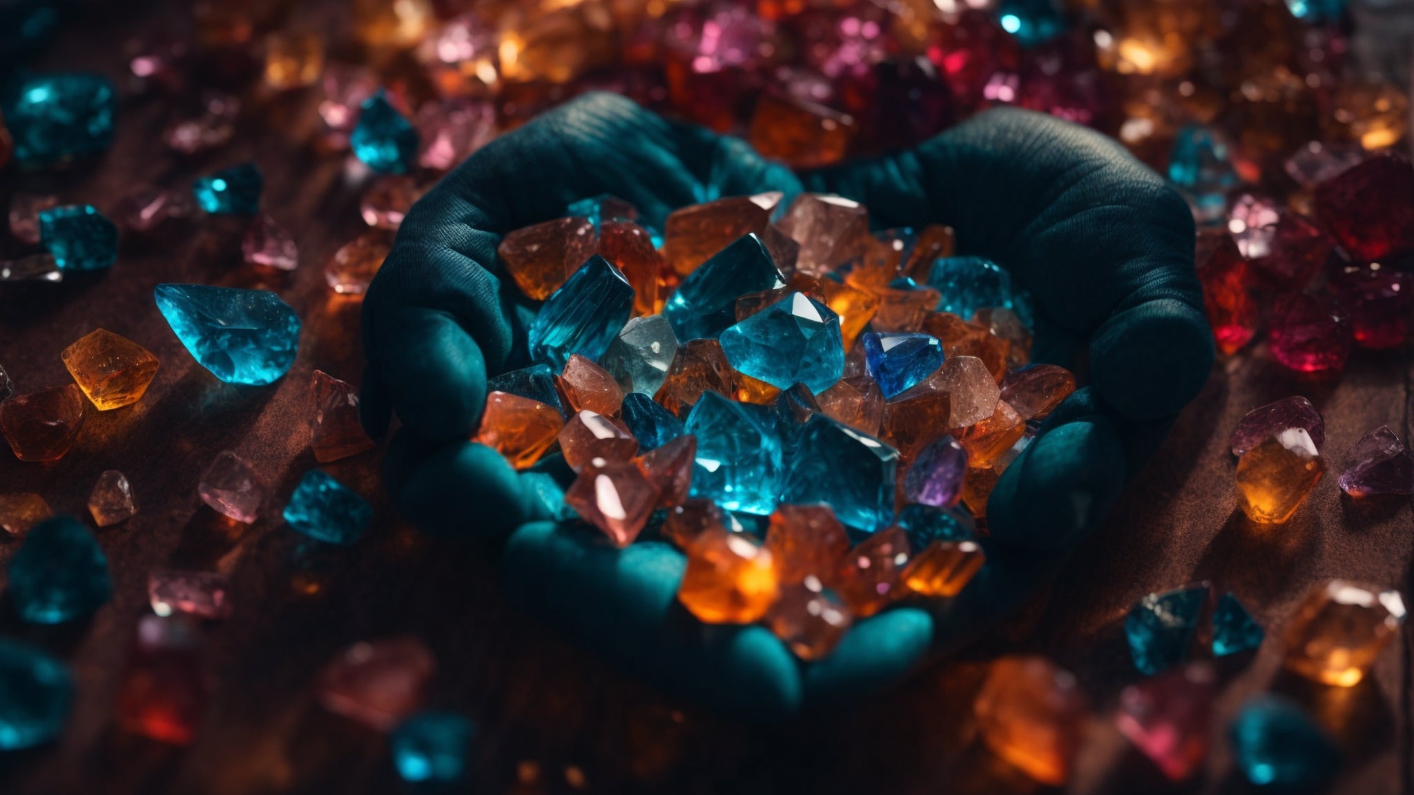 Orange and black crystals cupped in human hands