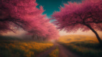 Field of yellow tall grass with pink trees in the foreground