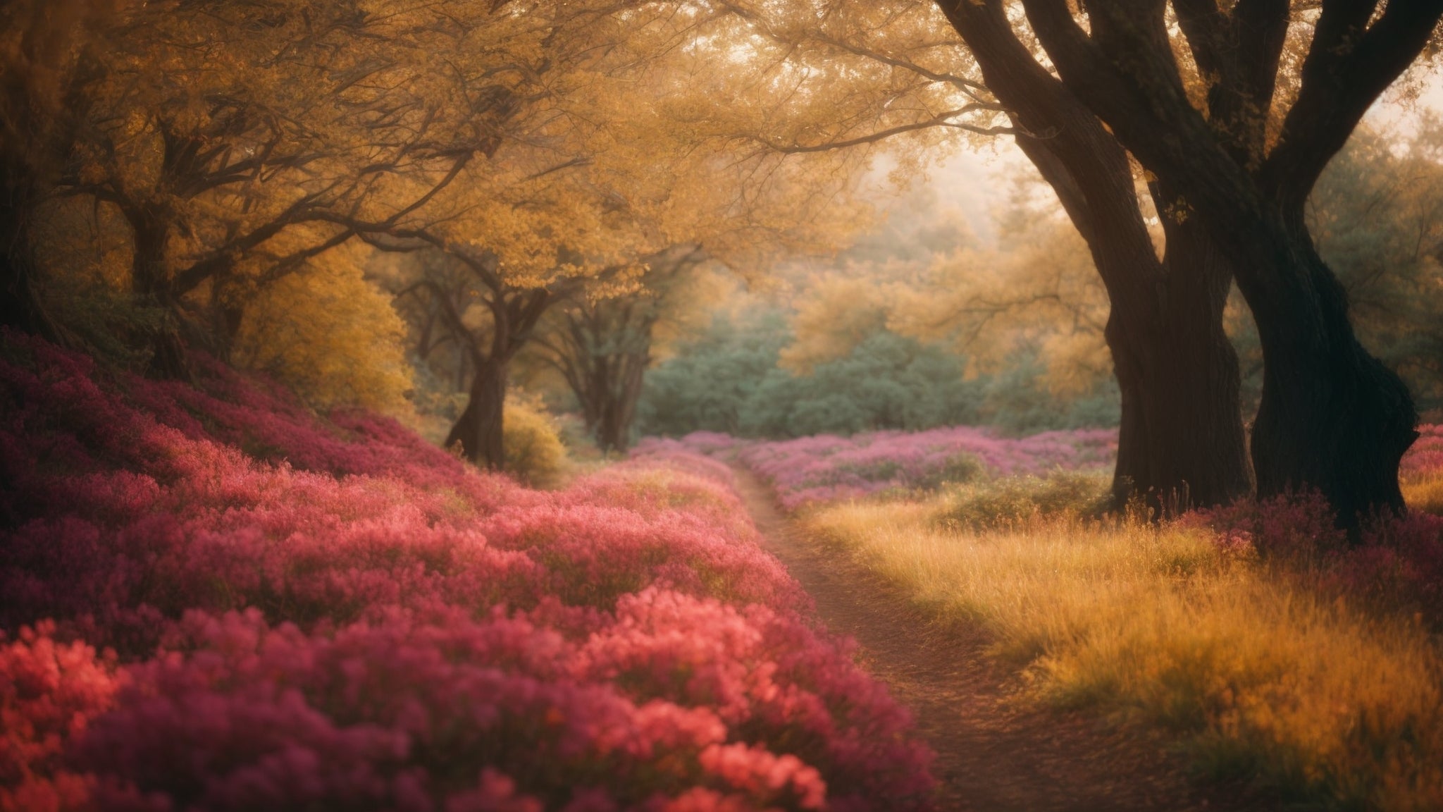 Picture of nature with background on flowers that are pink and yellow sitting under trees with yellow leafs