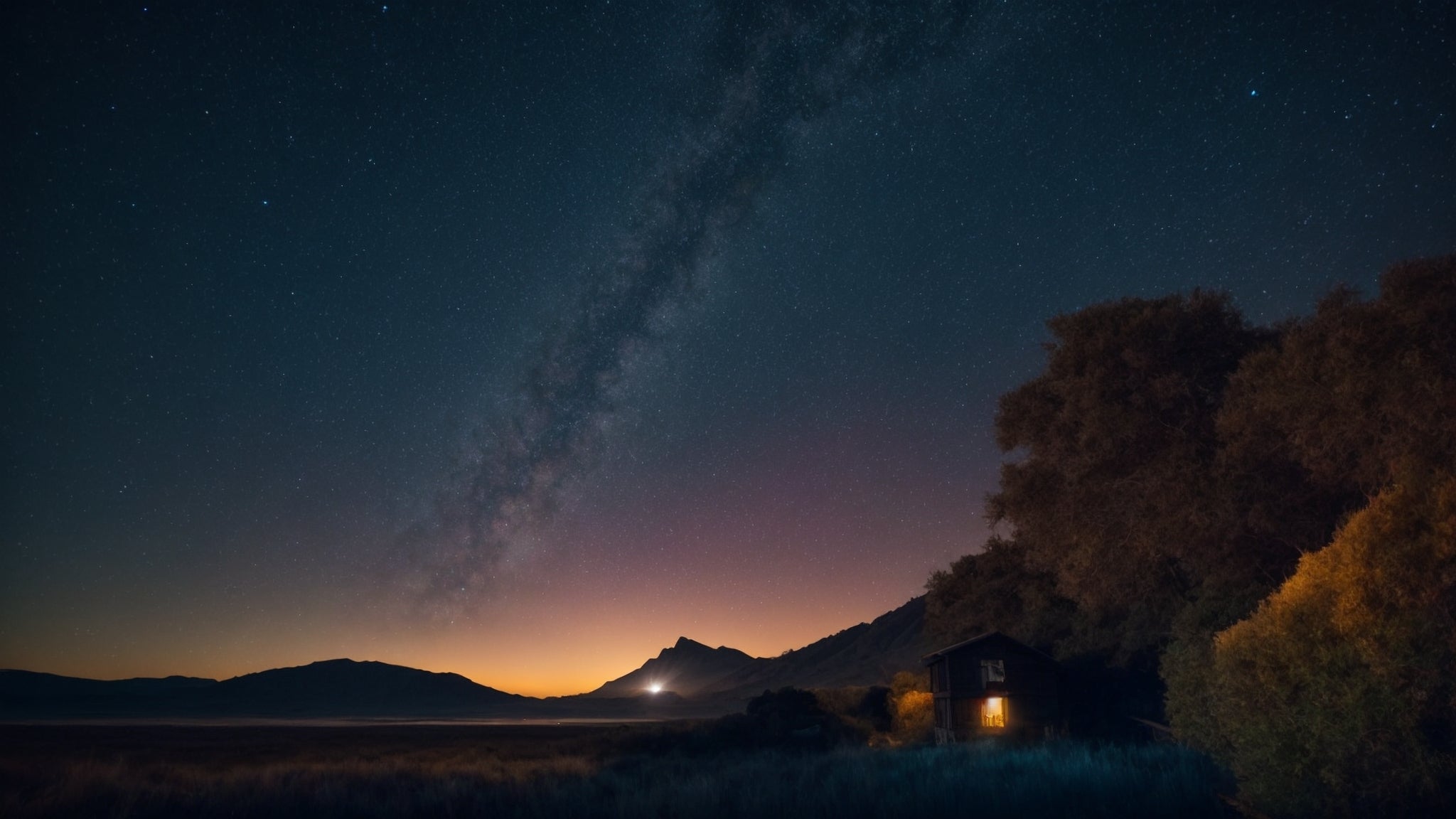 Picture of Star In The night sky as the sun is setting on the background of mountains