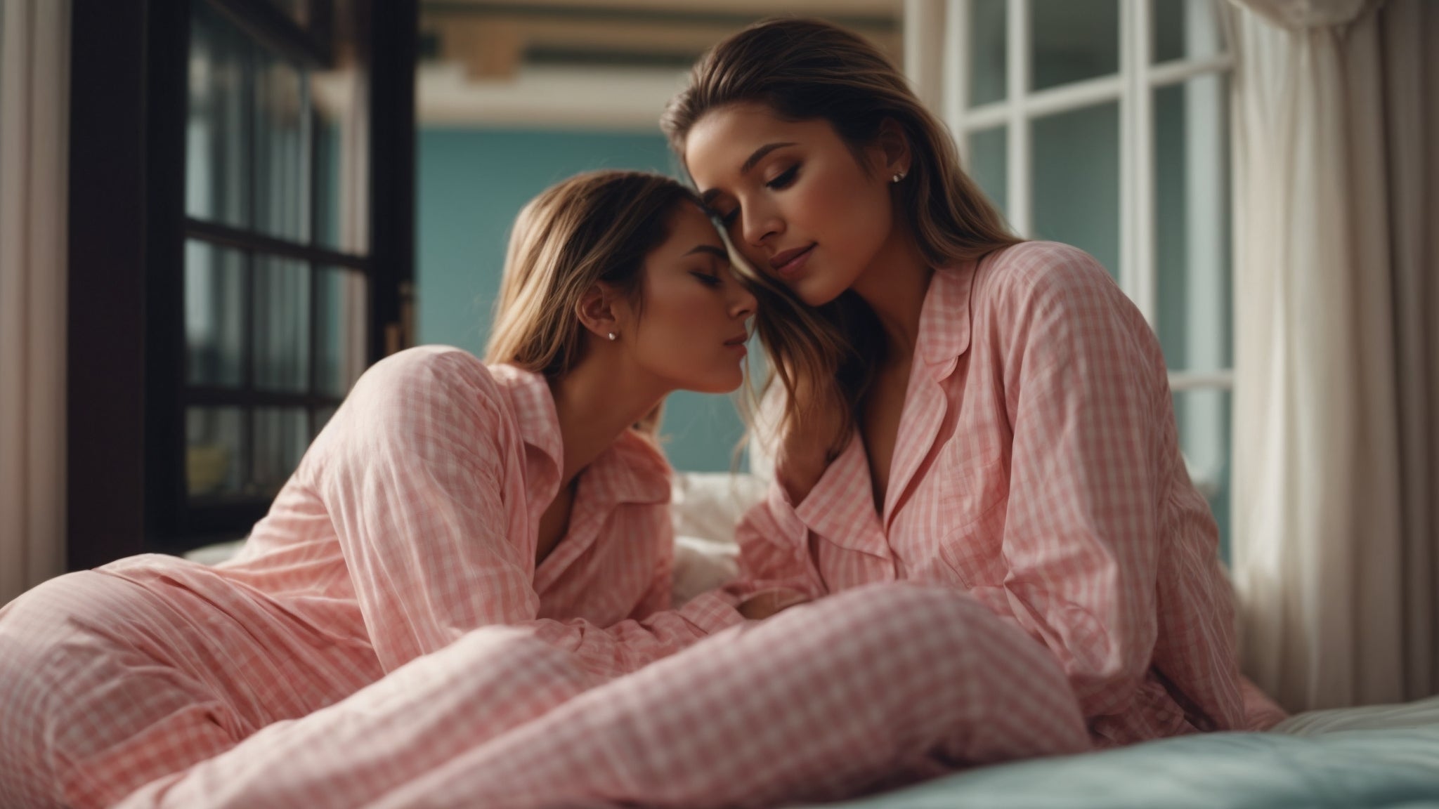 Two women sitting on the bed in pink pajamas