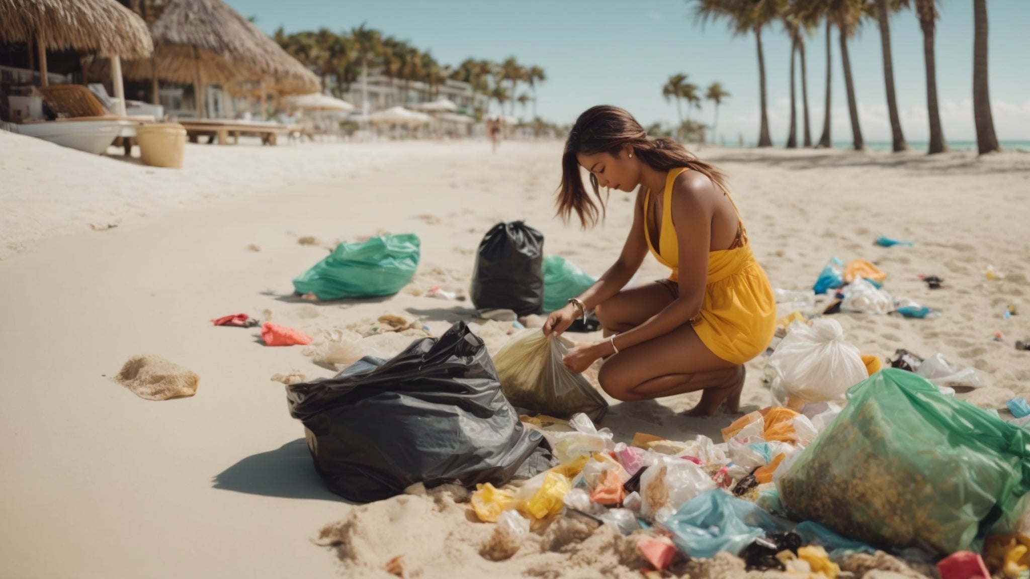 Brown haired women in orange beach dress picking up trash on the beach