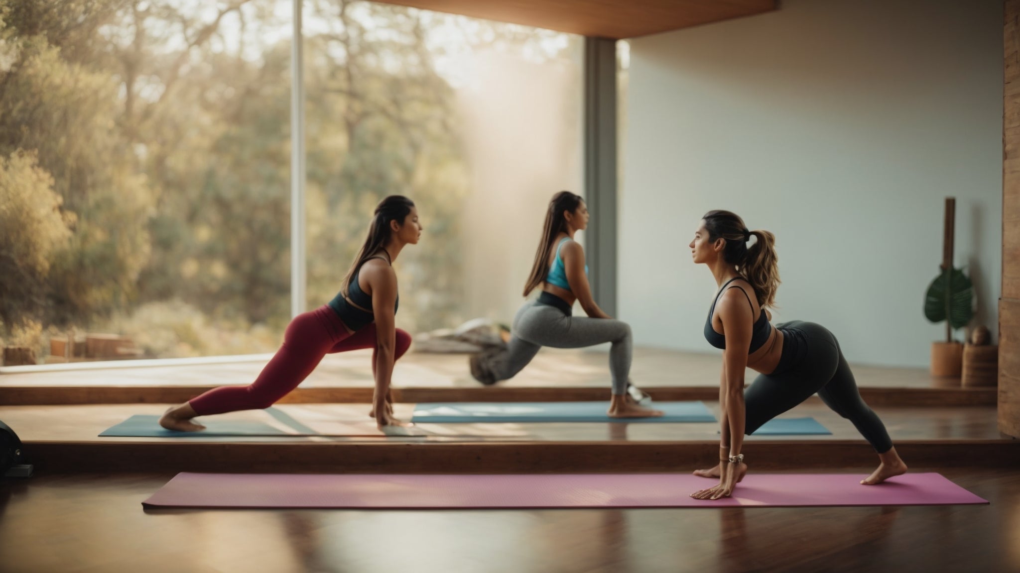 Women in pink yoga pants practicing yoga on blue yoga mat