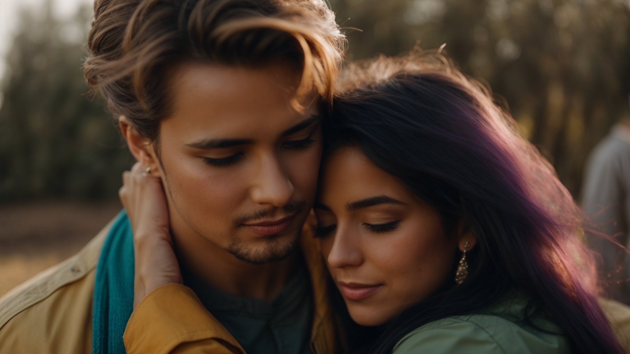 Women in pink hair and blue shirt hugging man in brown shirt and blonde hair