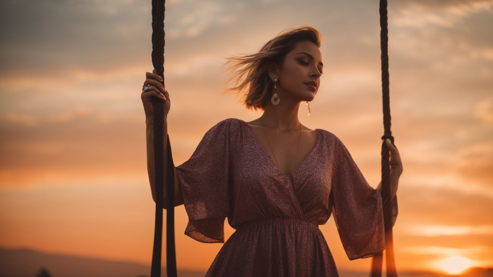 Blonde haired women in pink swing dress with sunset in background