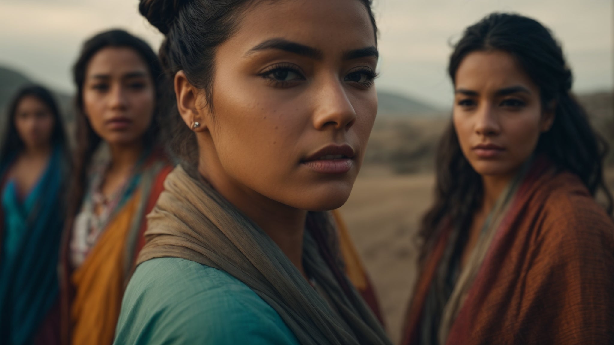 A women looking determined in a blue dress with a grey scarf standing in the desert