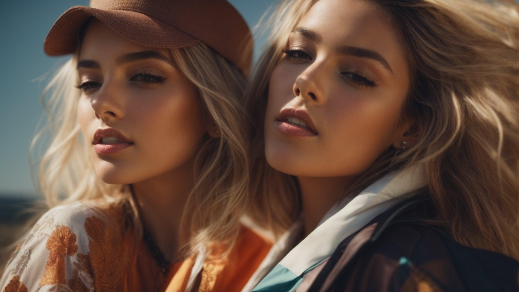 Two Caucasian Female Models Hugging Each Other In Orange And Brown Dresses