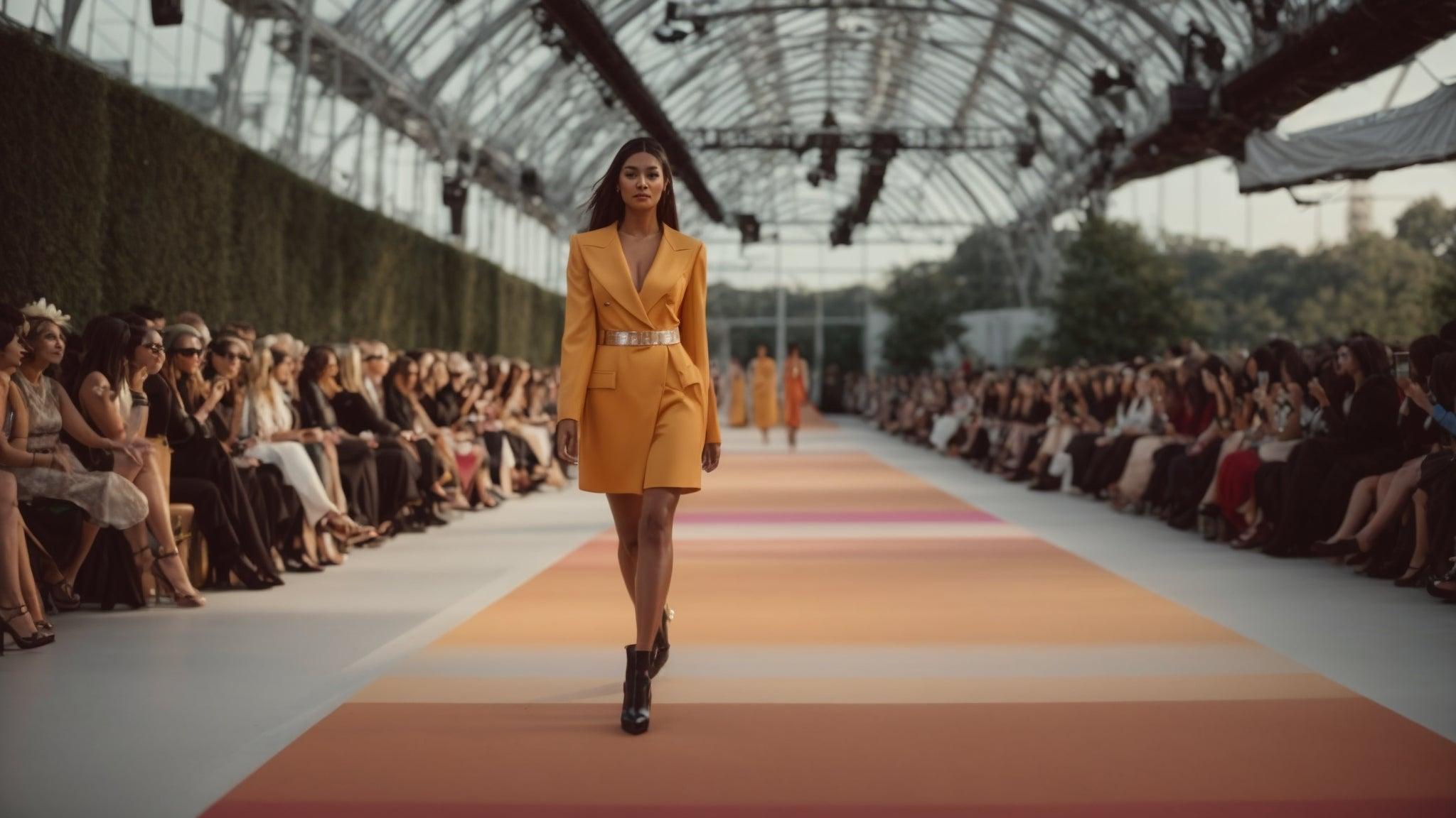 Female Fashion Model Walking Down Fashion Runway At Fashion Event Wearing Orange Blazer Suit Set