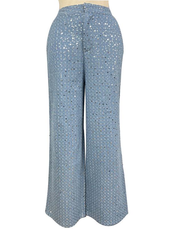 Alluring Women's Sequined Denim Two Piece Set - SALA