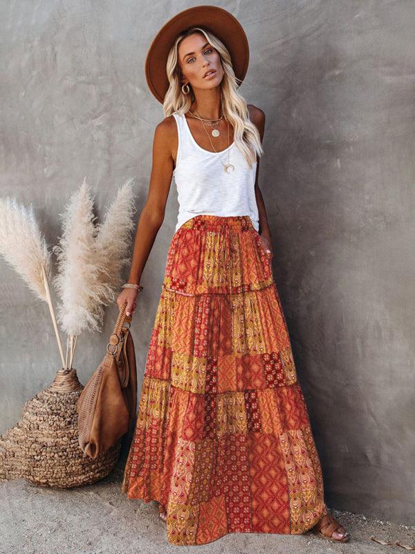 Bohemian Chic High Waist Long Skirt with European Flair - SALA