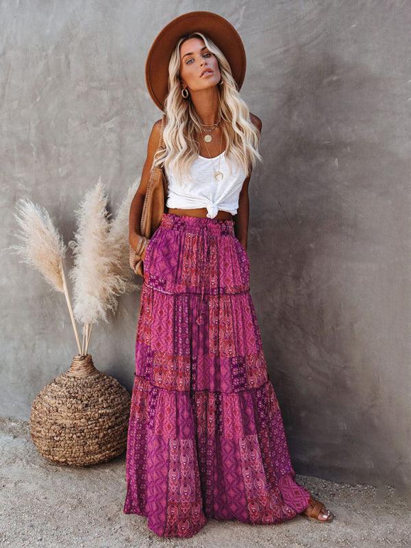 Bohemian Chic High Waist Long Skirt with European Flair - SALA