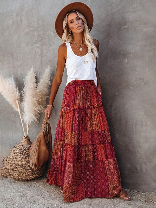 Bohemian Chic High Waist Long Skirt with European Flair - SALA