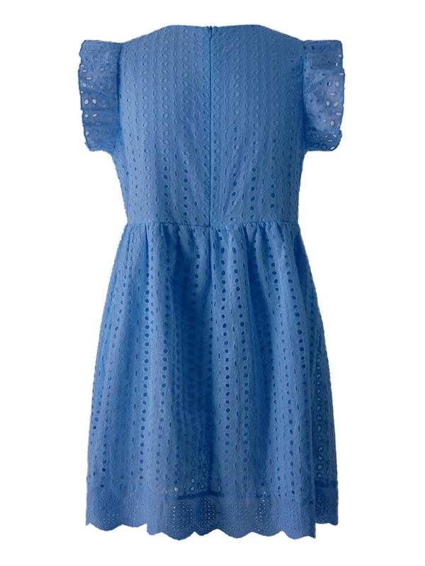 Breathable Jacquard V-Neck Ruffled Sleeveless Dress with Pockets - SALA