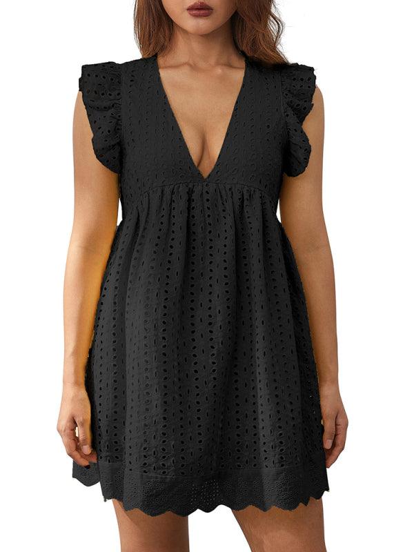 Breathable Jacquard V-Neck Ruffled Sleeveless Dress with Pockets - SALA