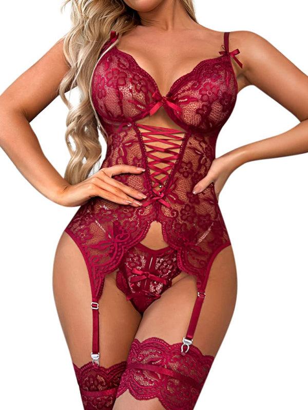 Butterfly Lace Suspender One-Piece Lingerie Set - SALA