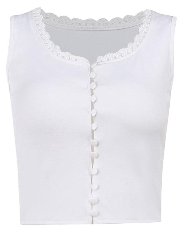 Button-Up Lace Vest with Square Collar - Versatile Solid Color Top - SALA