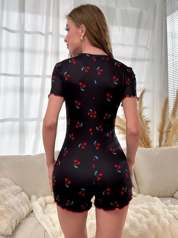Cherry Print Loungewear Jumpsuit with Sexy Ear-Trim Detail - SALA