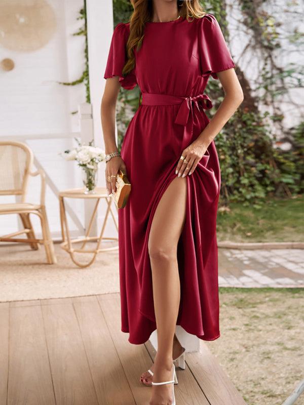 Chic Lace-Up Slit Dress in Solid Color - SALA