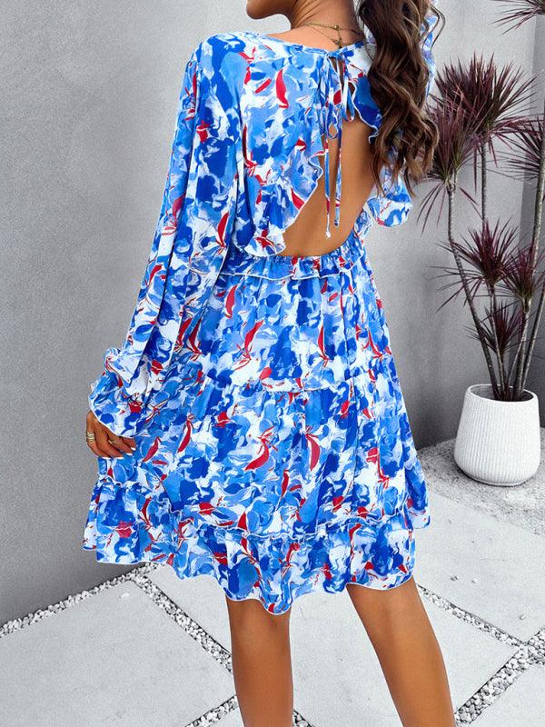 Chic Printed V-Neck Long-Sleeve Dress with a Touch of Elegance - SALA