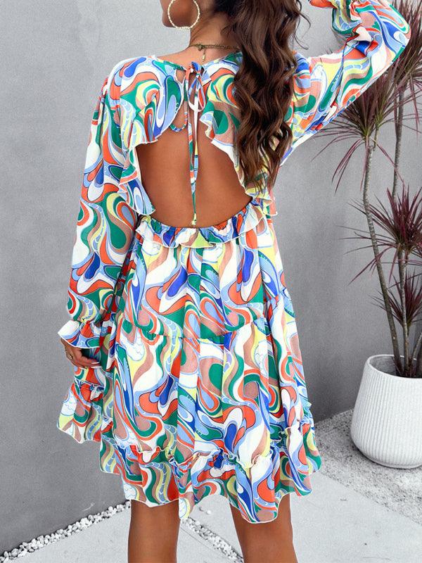 Chic Printed V-Neck Long-Sleeve Dress with a Touch of Elegance - SALA