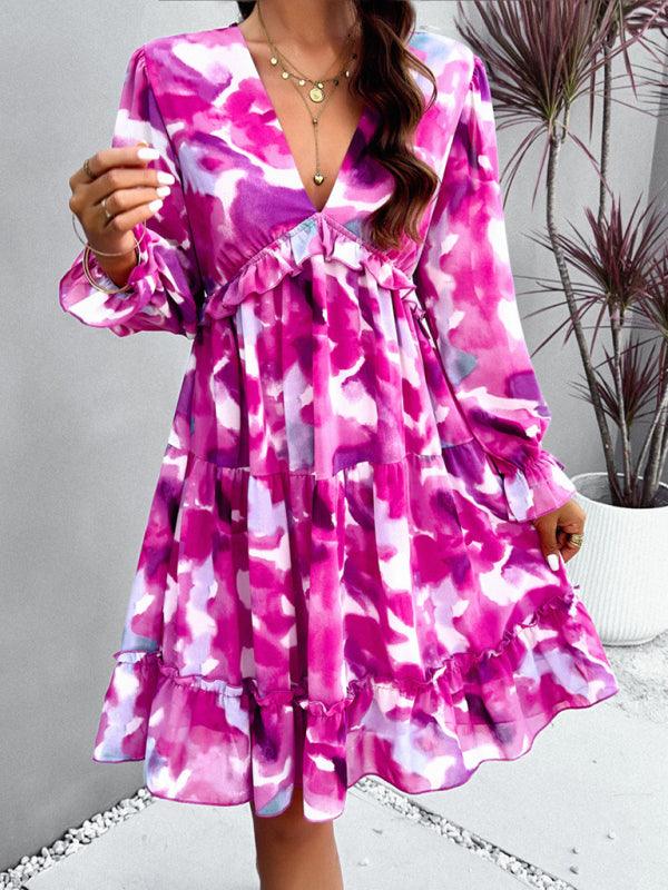 Chic Printed V-Neck Long-Sleeve Dress with a Touch of Elegance - SALA