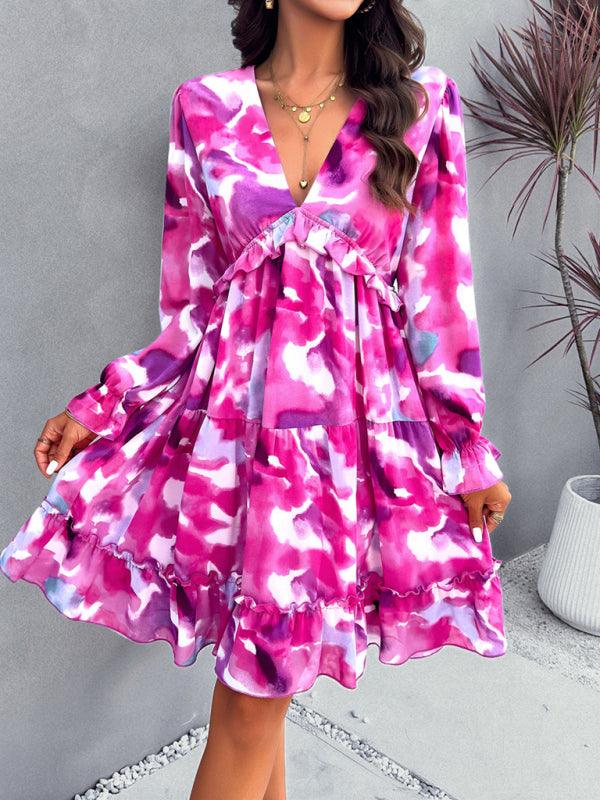 Chic Printed V-Neck Long-Sleeve Dress with a Touch of Elegance - SALA