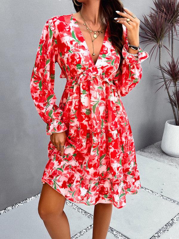 Chic Printed V-Neck Long-Sleeve Dress with a Touch of Elegance - SALA