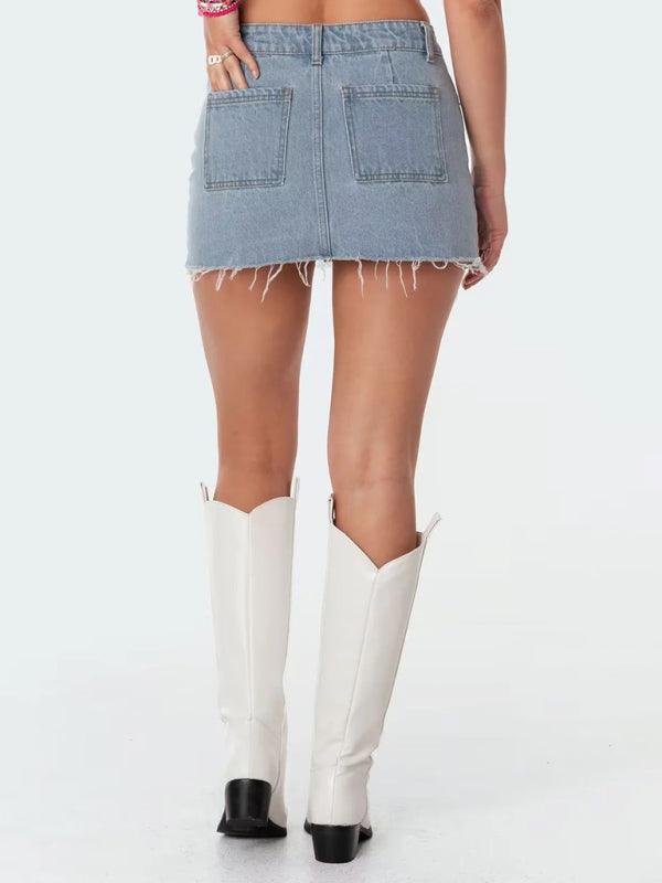 Denim Dream: High-Waist A-Line Skirt with Raw Edge Detail - Perfect for Stylish Women - SALA