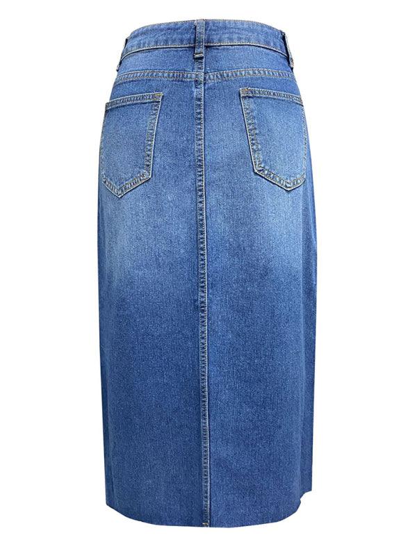 Denim Midi Skirt with Chic Front Slit - SALA