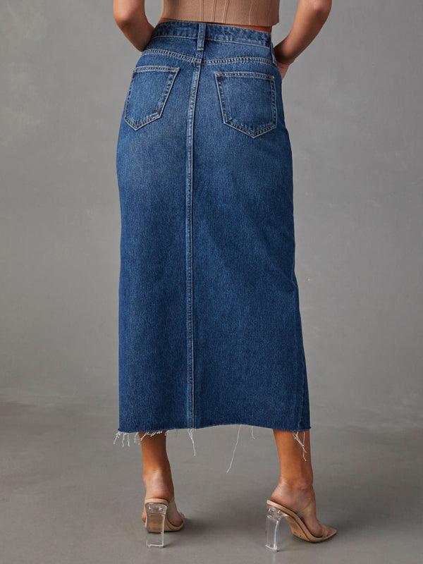 Denim Midi Skirt with Chic Front Slit - SALA