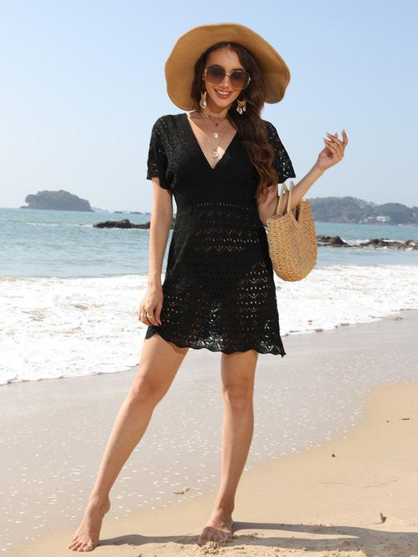 Elegant Deep V-Neck Beach Skirt with Corrugated Hollow Design - SALA