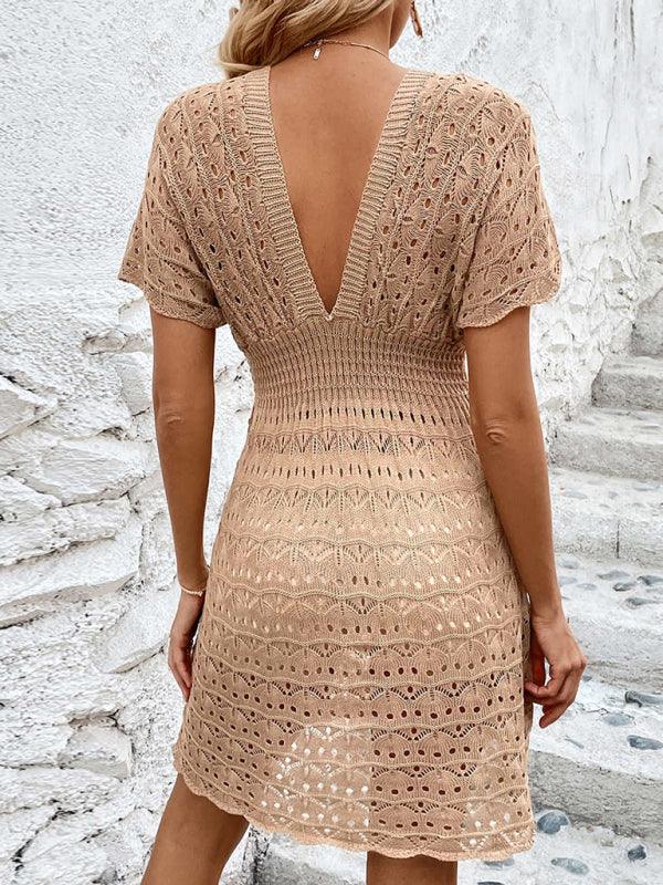 Elegant Deep V-Neck Beach Skirt with Corrugated Hollow Design - SALA