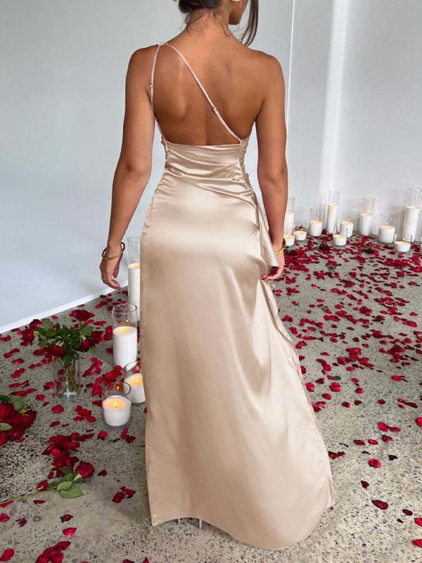 Elegant One Shoulder Satin Party Dress with Slit - SALA