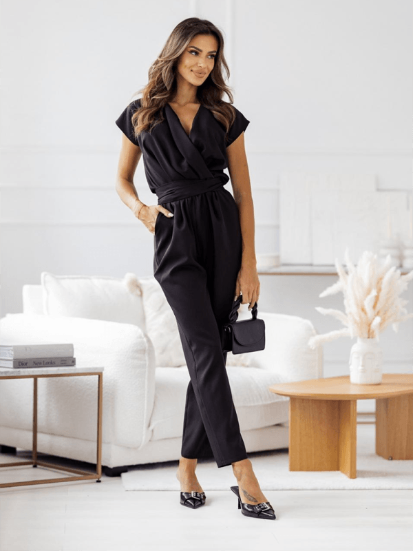 Elegant Solid Color Short-Sleeved Jumpsuit with Slim Fit - SALA