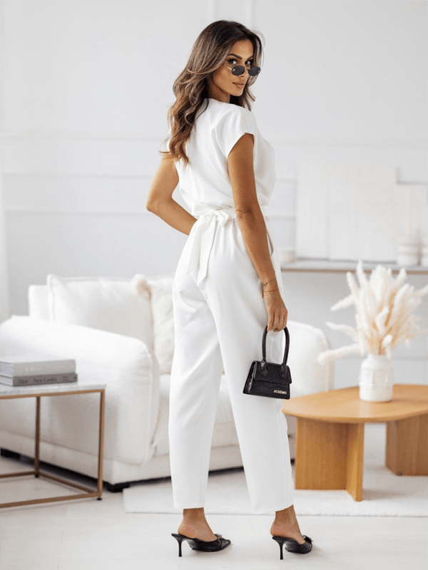 Elegant Solid Color Short-Sleeved Jumpsuit with Slim Fit - SALA