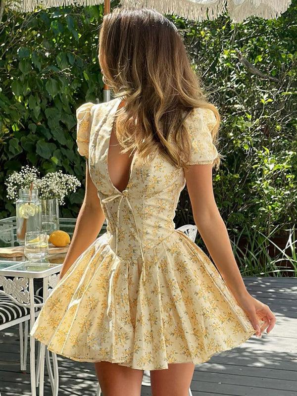 Floral Elegance Deep V-Neck Pleated Dress - SALA