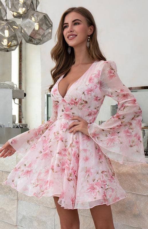 Floral Fantasy V-Neck High Waist Flared Sleeve Dress for Women - SALA