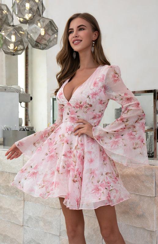 Floral Fantasy V-Neck High Waist Flared Sleeve Dress for Women - SALA
