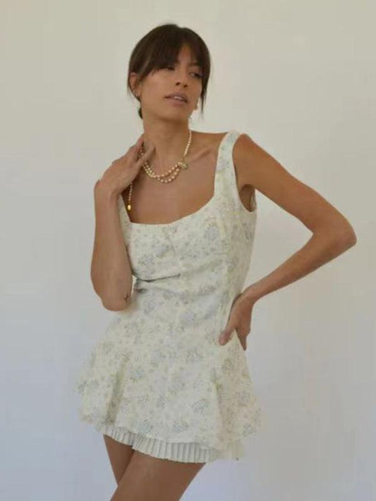 Floral Hem Pleated Suspender Dress with a Modern Twist - SALA