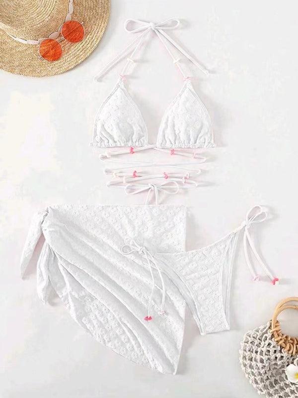 Floral Lace Patterned Three-Piece Bikini Set - SALA