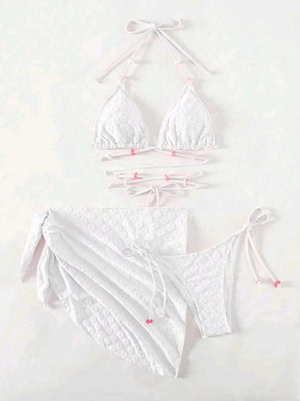 Floral Lace Patterned Three-Piece Bikini Set - SALA