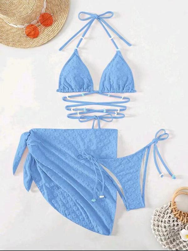 Floral Lace Patterned Three-Piece Bikini Set - SALA