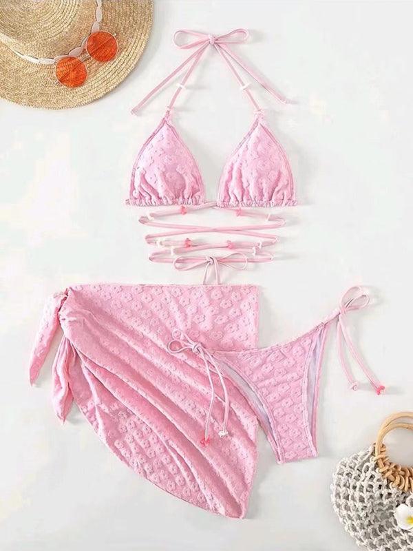 Floral Lace Patterned Three-Piece Bikini Set - SALA