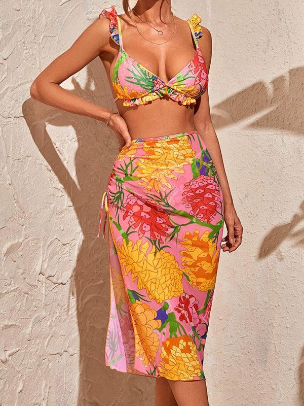 Floral Paradise Ruffled Cover-Up Bikini Set - SALA
