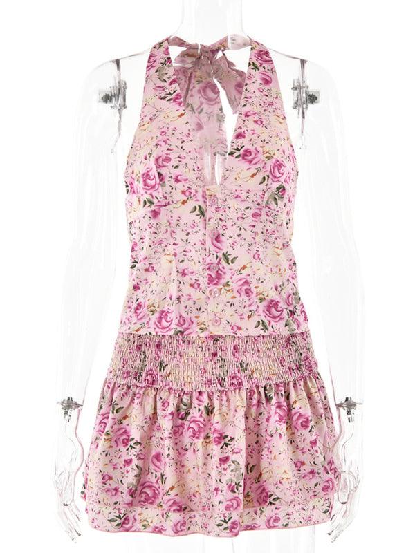 Floral Print V-Neck Halter Top and Skirt Set - SALA