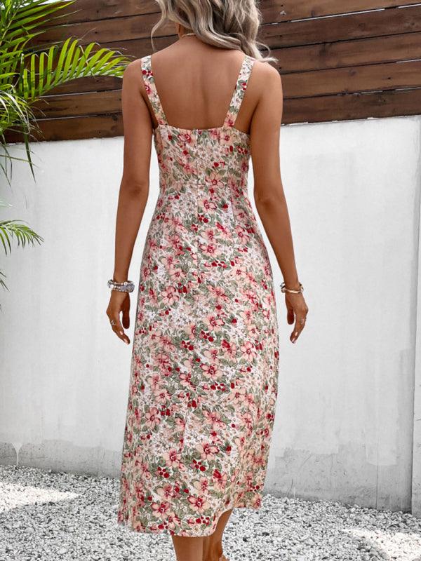Floral Suspender Dress with Slit: Elegant Women's Holiday Style Midi Dress - SALA