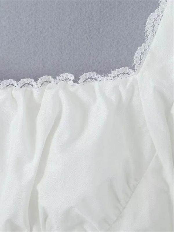 French Retro Lace Puff Sleeves Navel-Baring Hot Girl Shirt - SALA