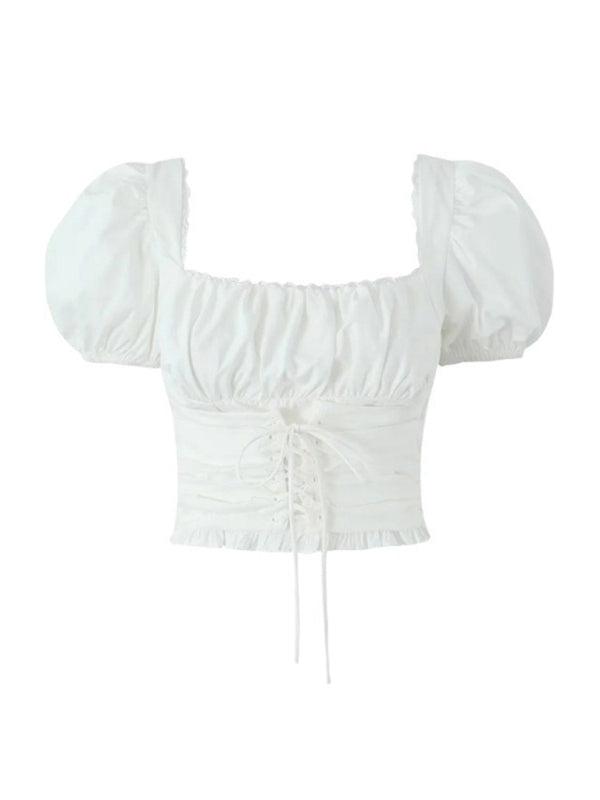 French Retro Lace Puff Sleeves Navel-Baring Hot Girl Shirt - SALA